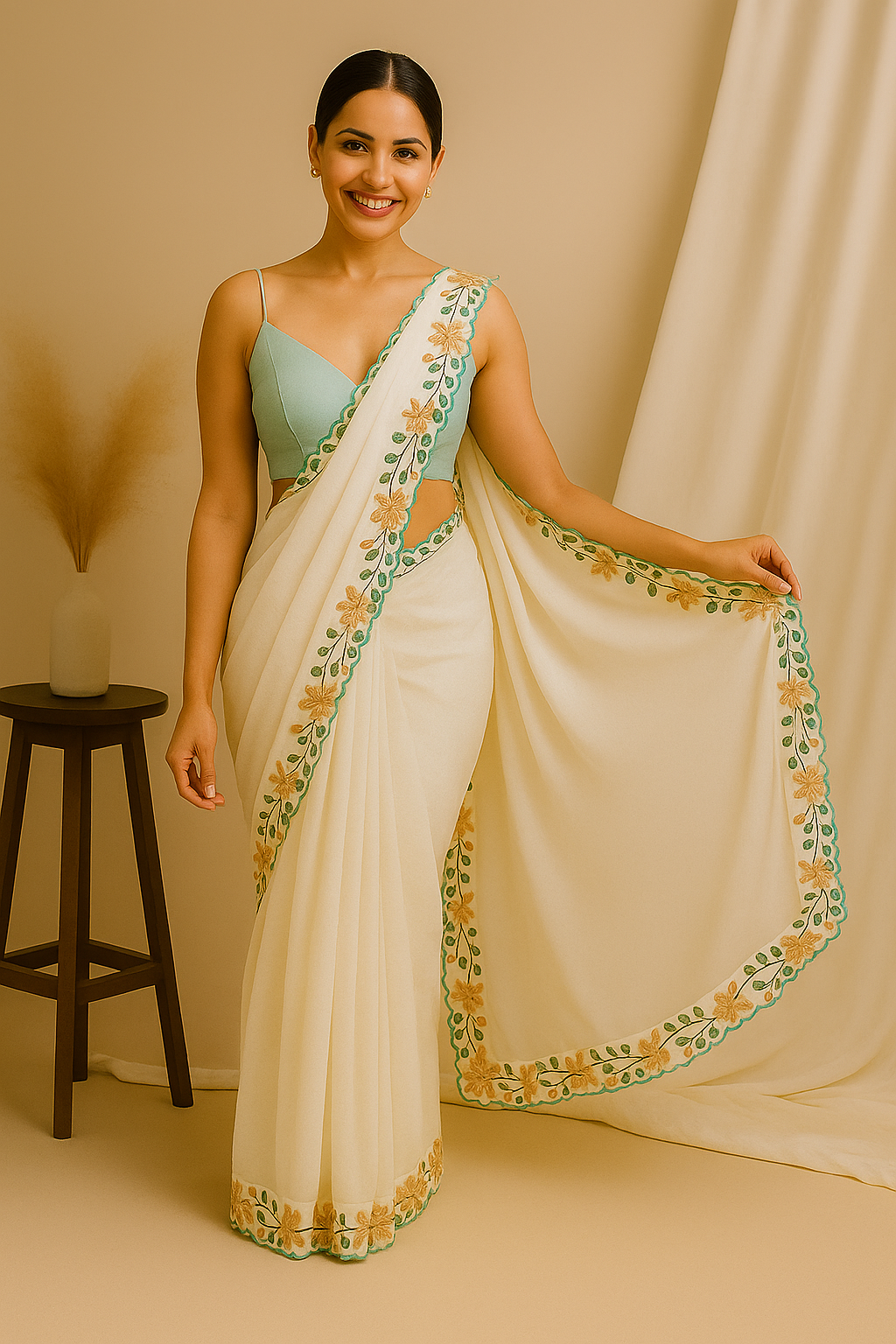 White Embroidered Saree with Flower Border
