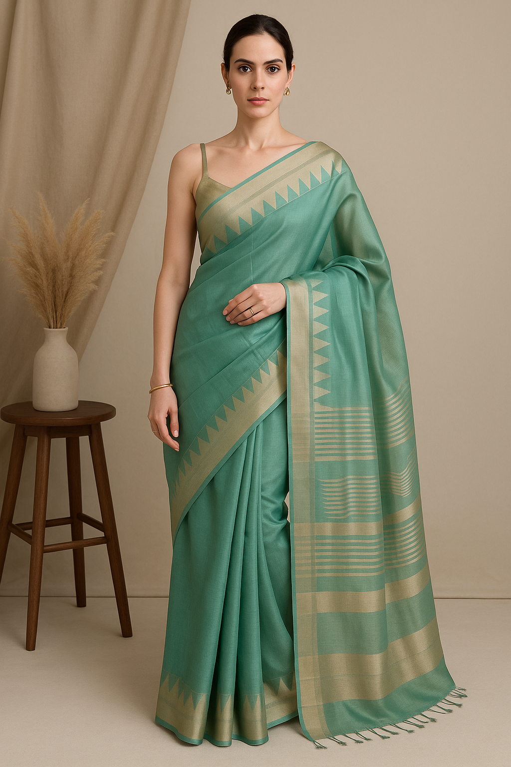Sage Green Cotton Silk Saree with Golden Border