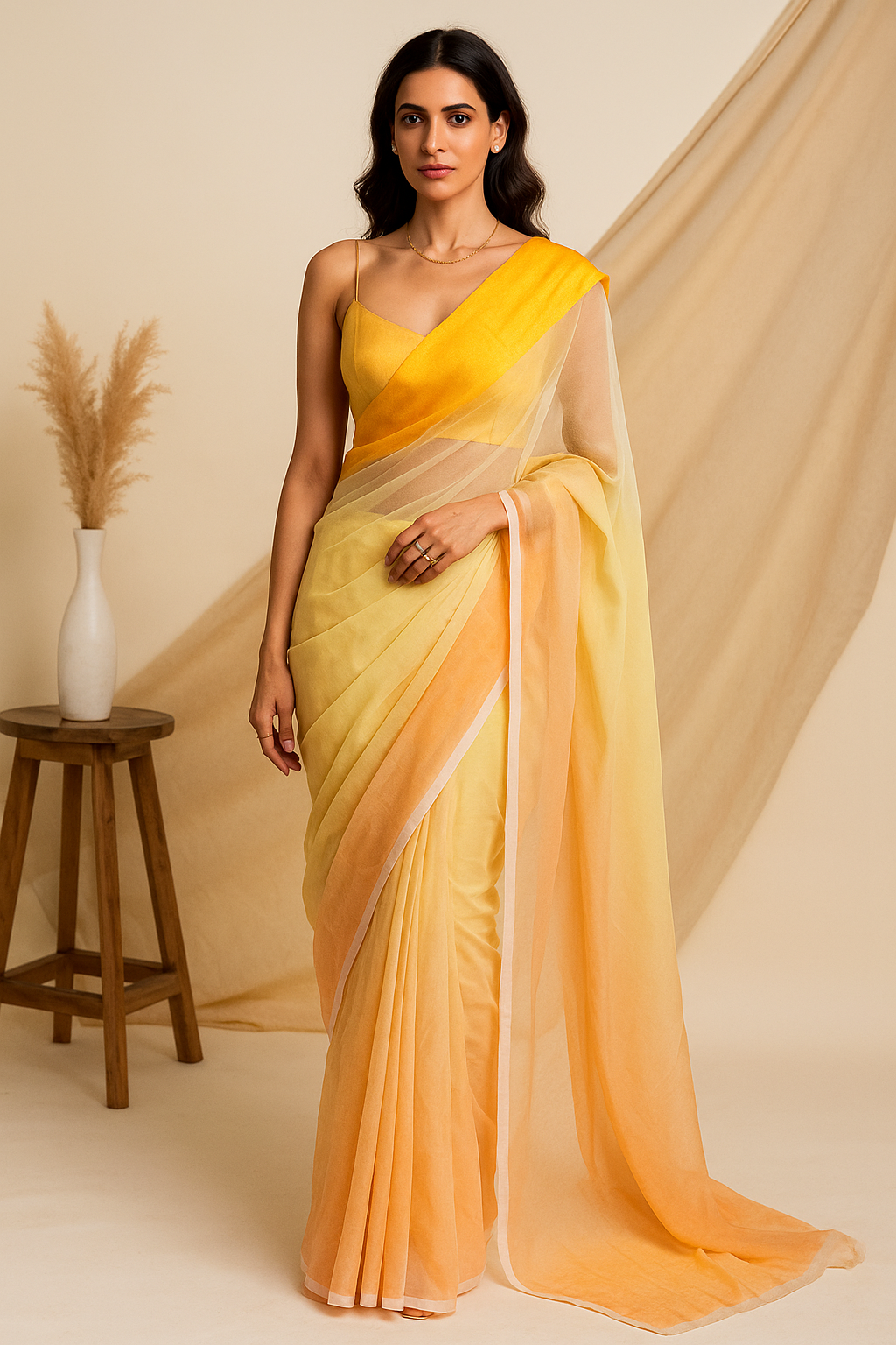 Yellow to Peach Ombre Georgette Saree