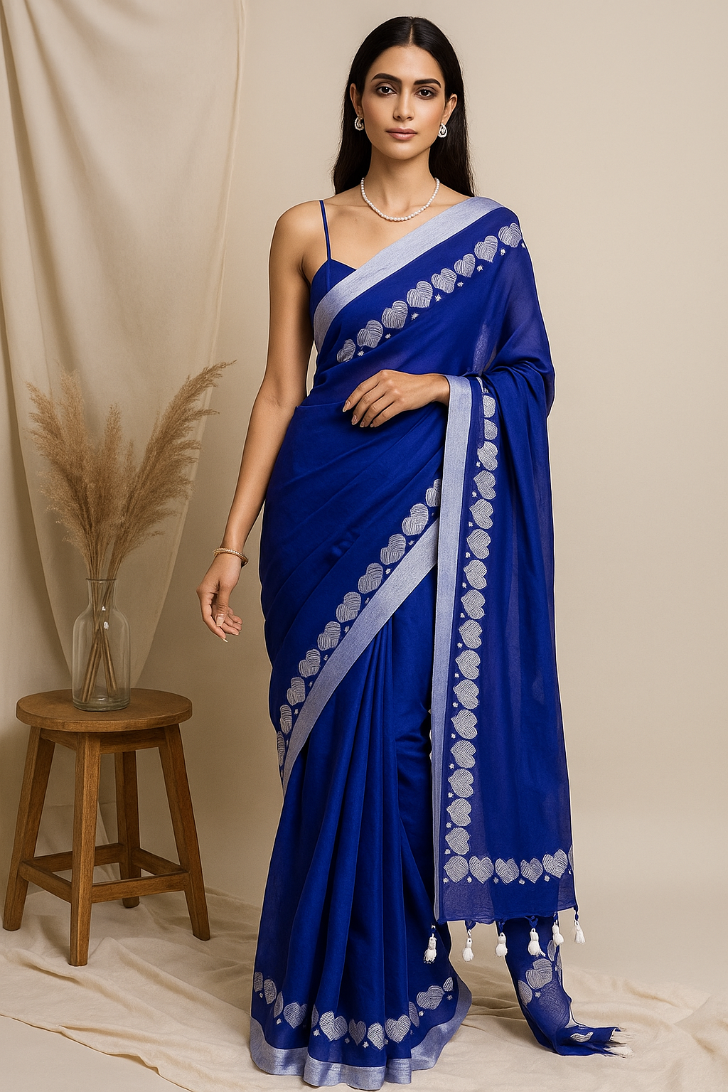 Elegant Royal Blue Saree with Silver Border Detailing