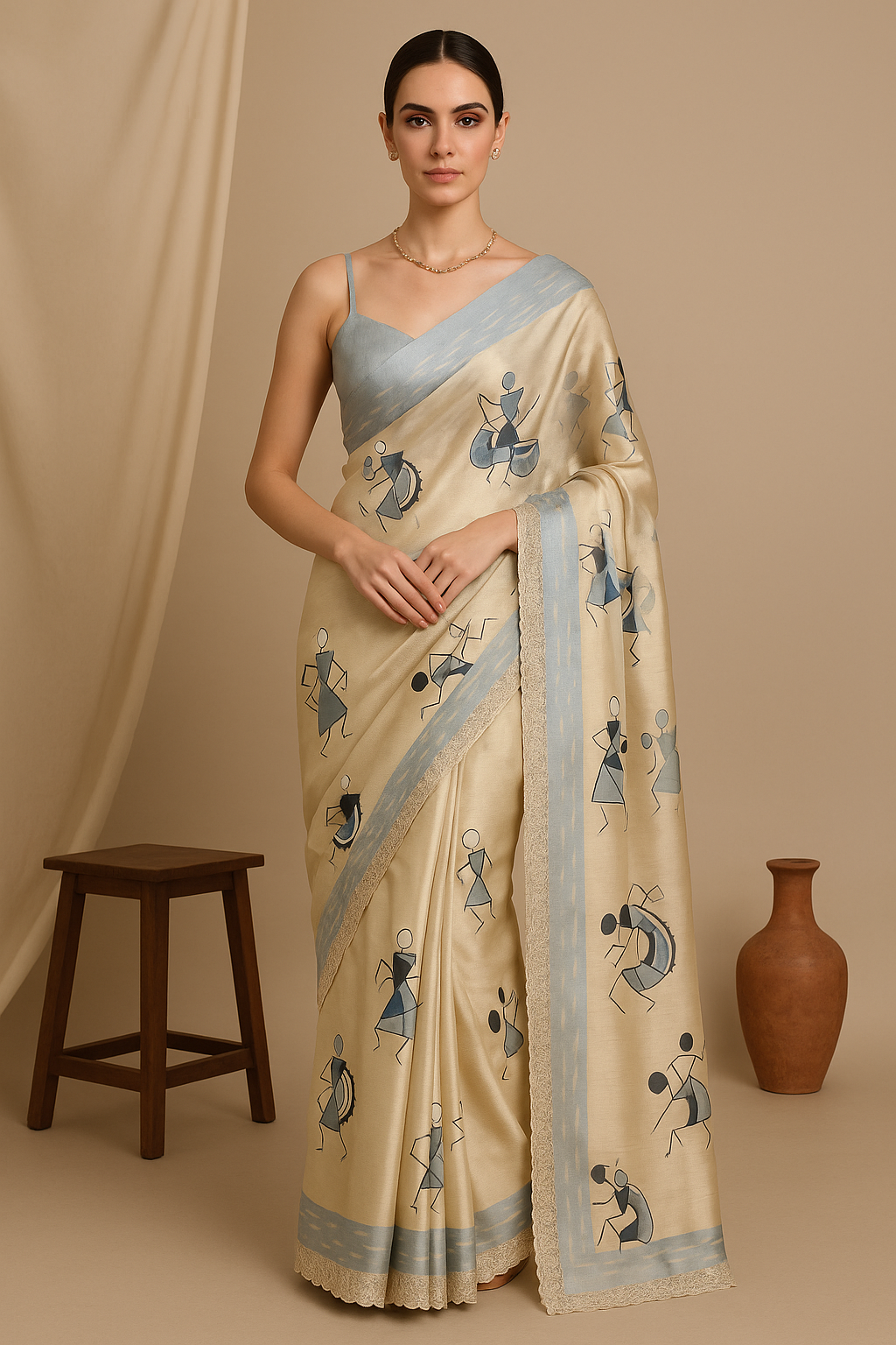 Elegant Beige & Blue Warli Art Silk Saree
