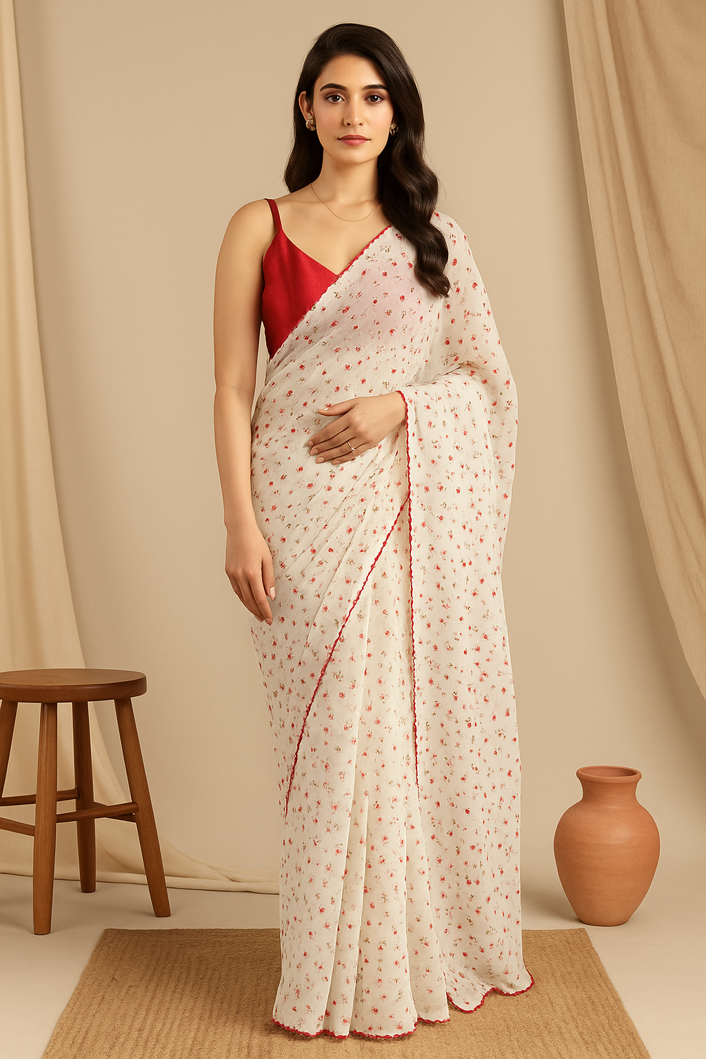 Soft White Saree with Tiny Red Floral Print