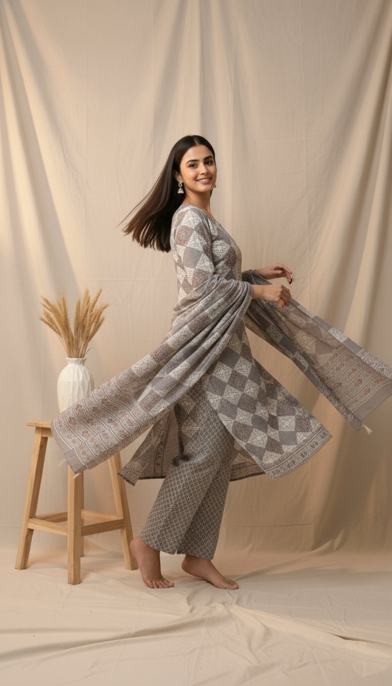 Grey Embroidered Unstitched Suit Set