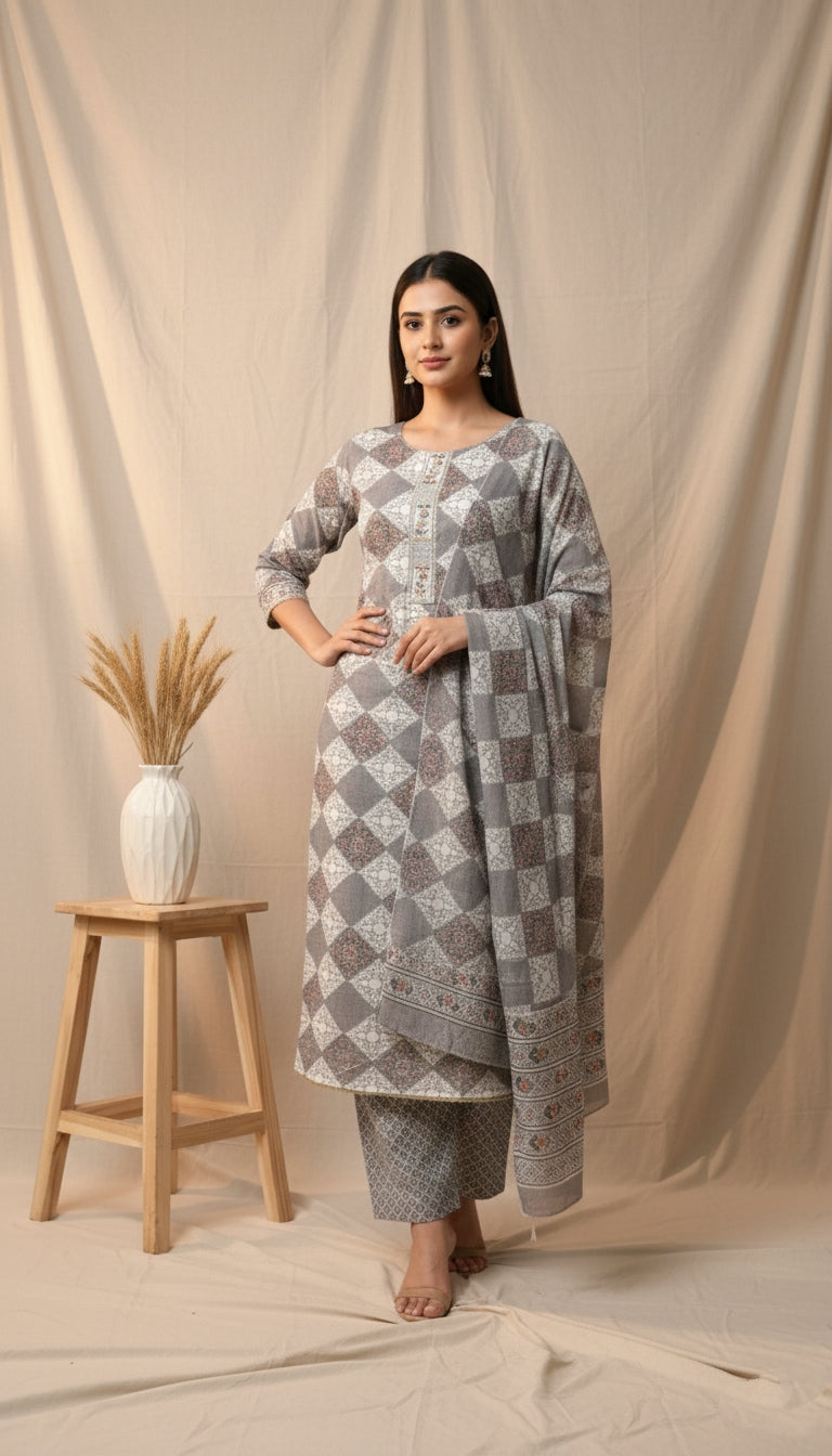Grey Embroidered Unstitched Suit Set