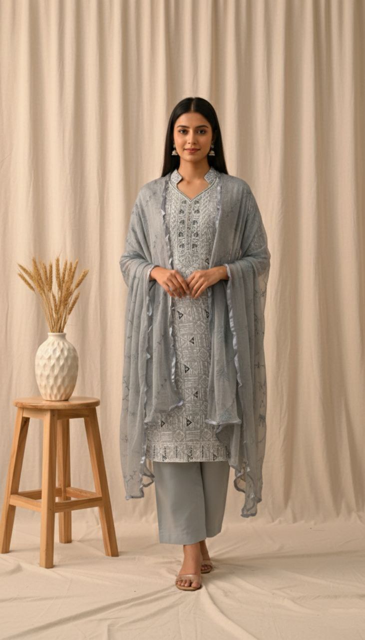 Grey Embroidered Unstitched Suit Set