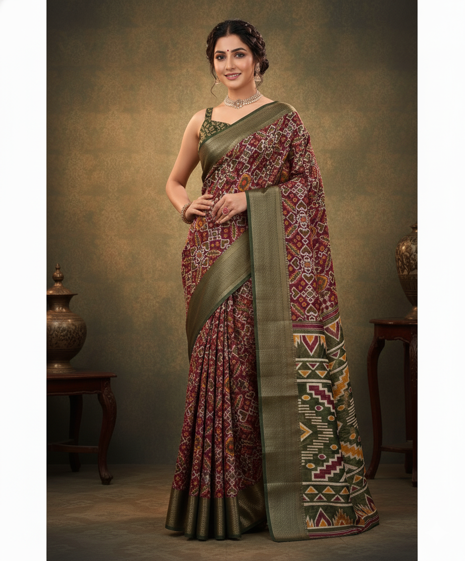 Elegant Patola Print Saree with Rich Green Border