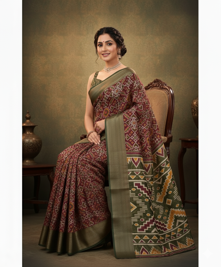 Elegant Patola Print Saree with Rich Green Border