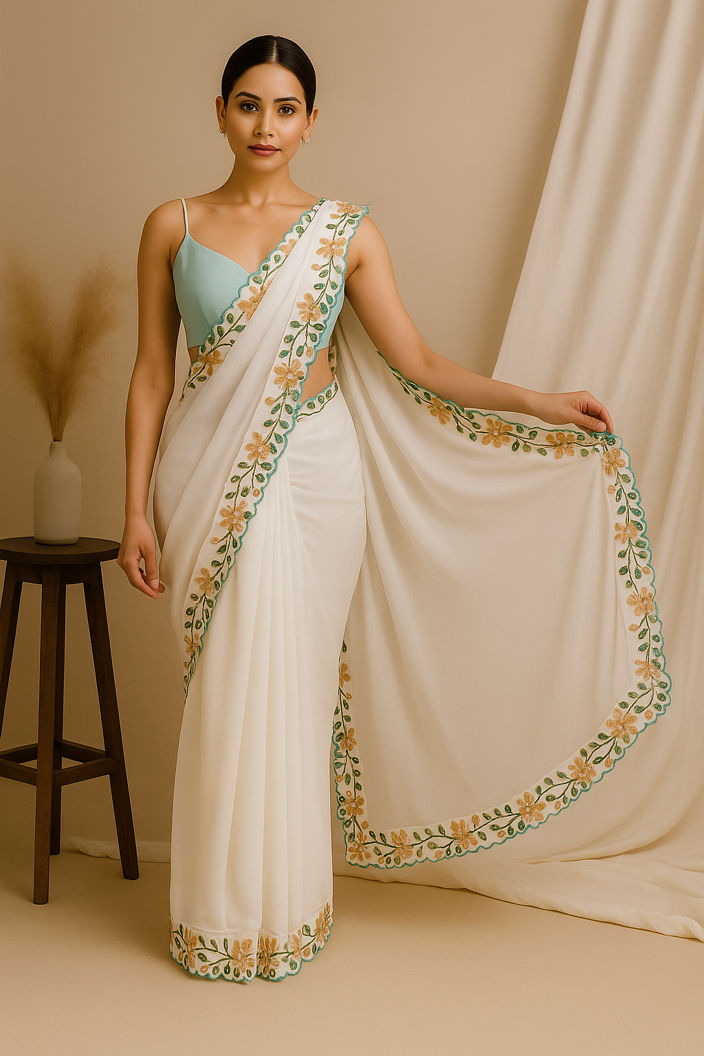 White Embroidered Saree with Flower Border