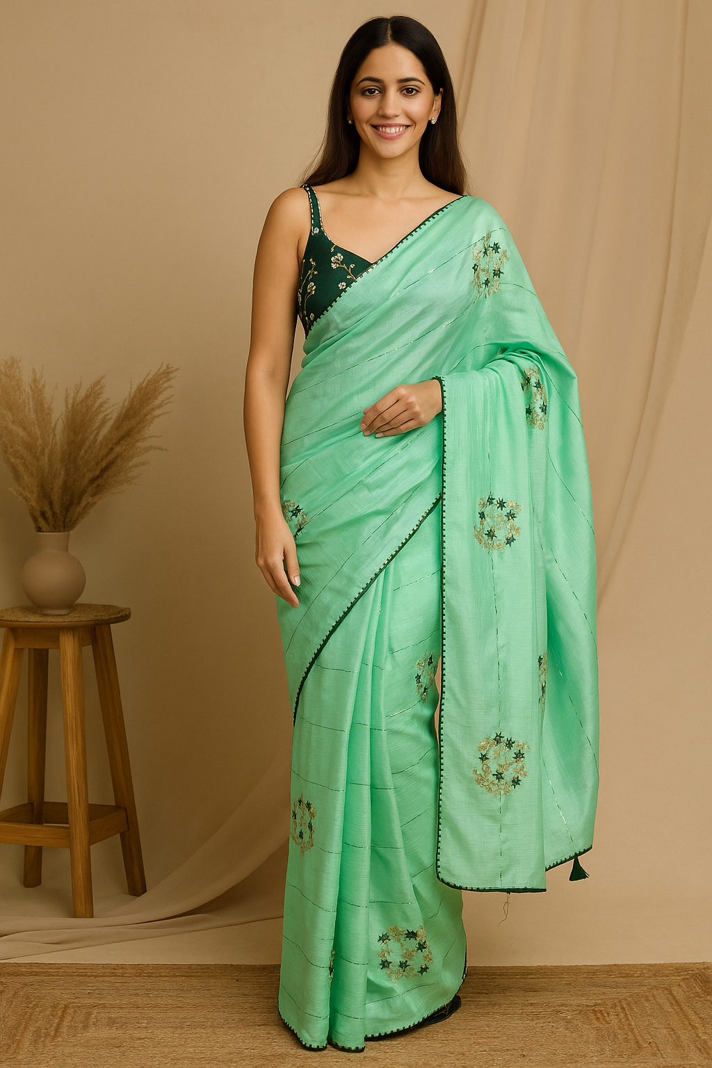 Mint Green Silk Saree with Delicate Embroidery