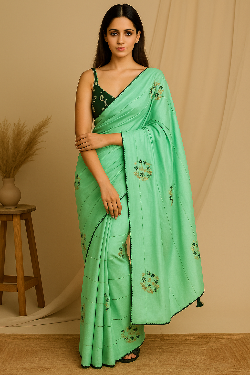 Mint Green Silk Saree with Delicate Embroidery