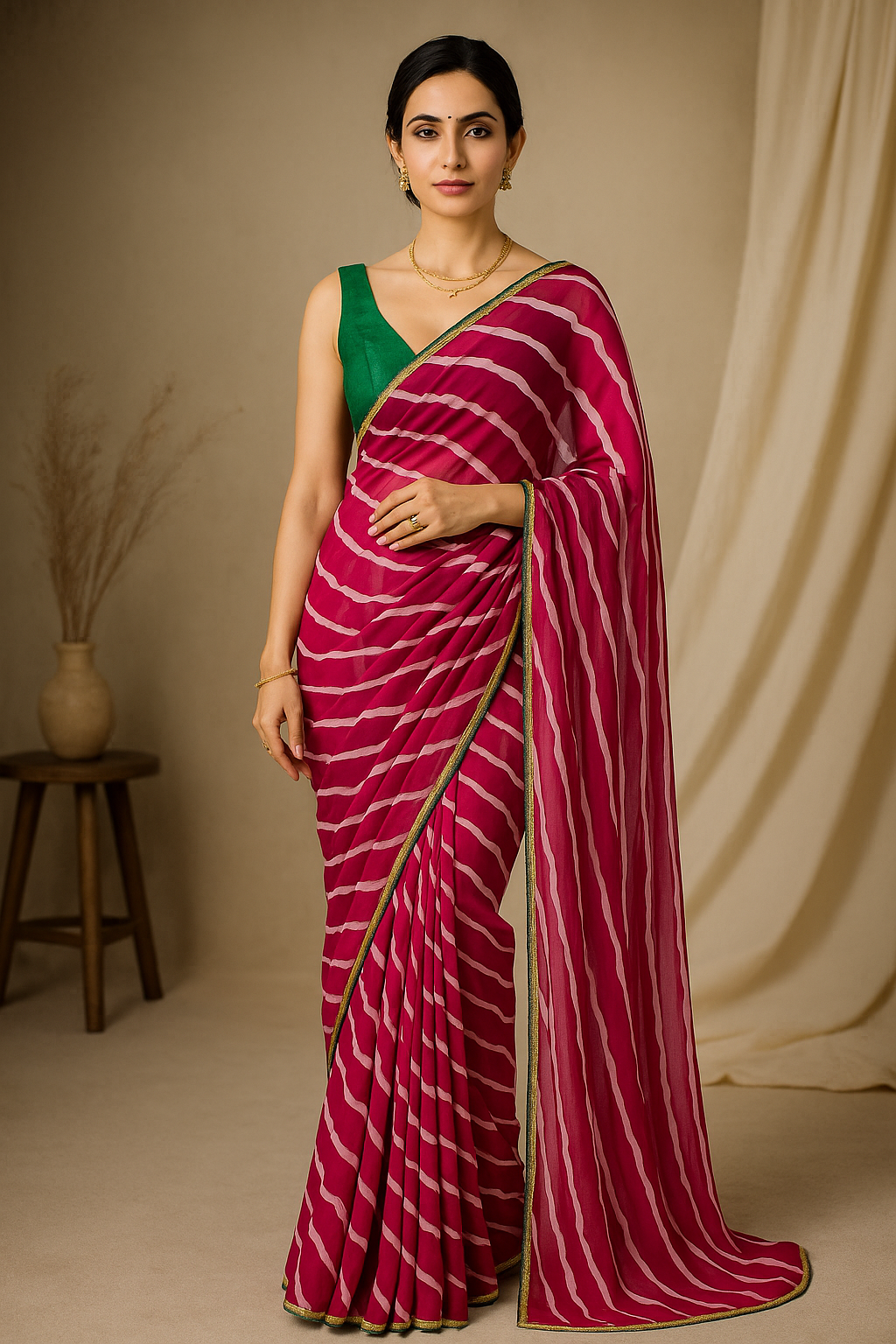 Pink and White Striped Georgette Saree