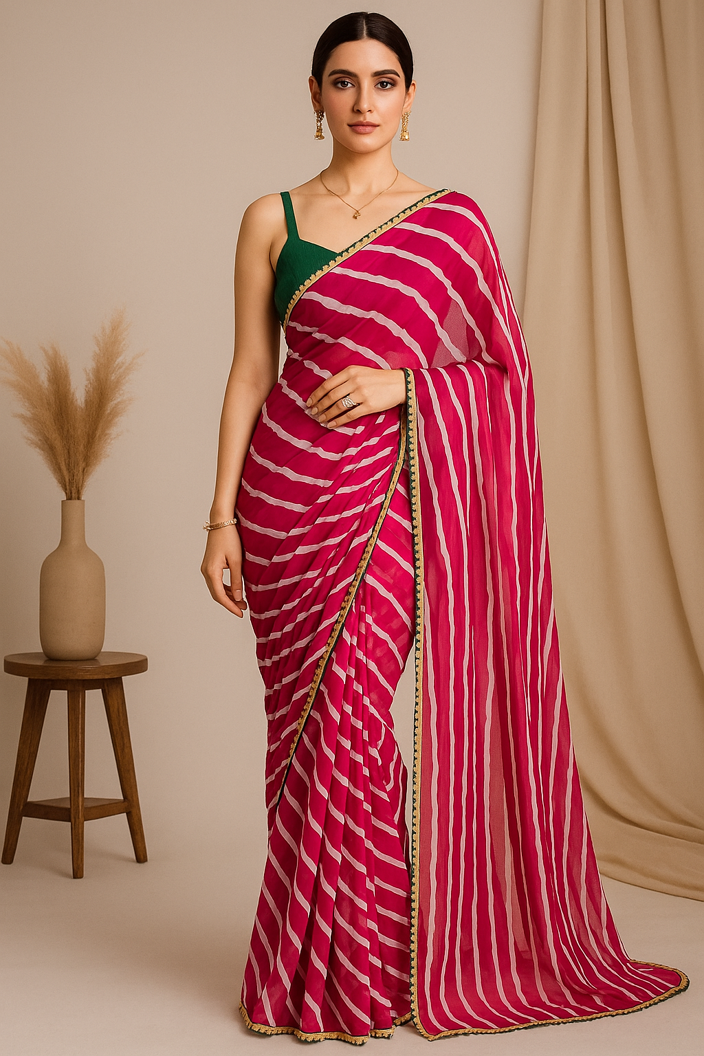 Pink and White Striped Georgette Saree