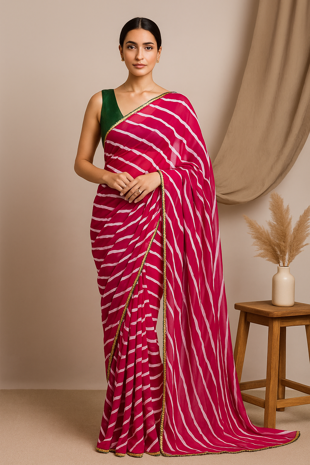 Pink and White Striped Georgette Saree