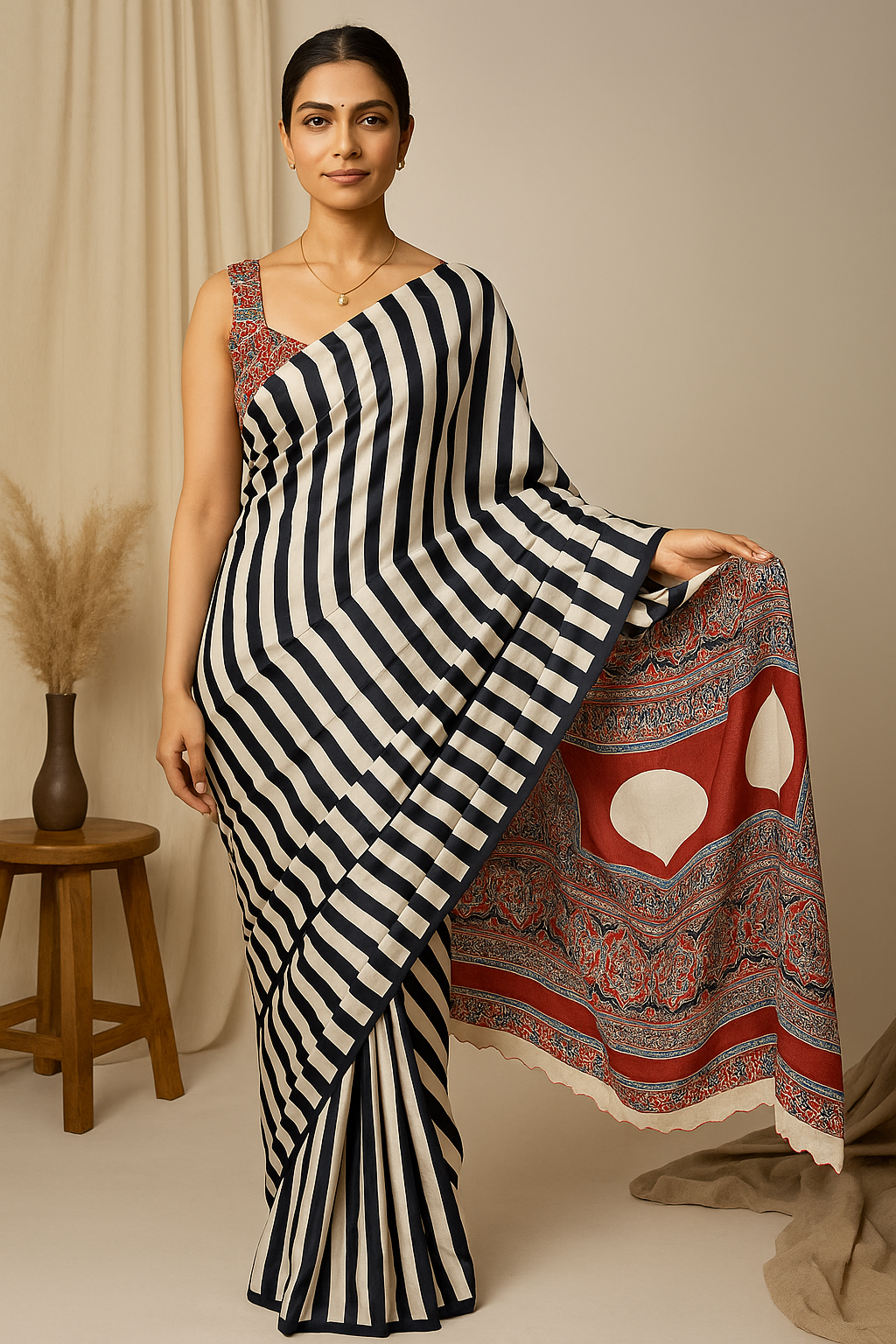 Black & Cream Striped Satin Silk Saree with Printed Pallu