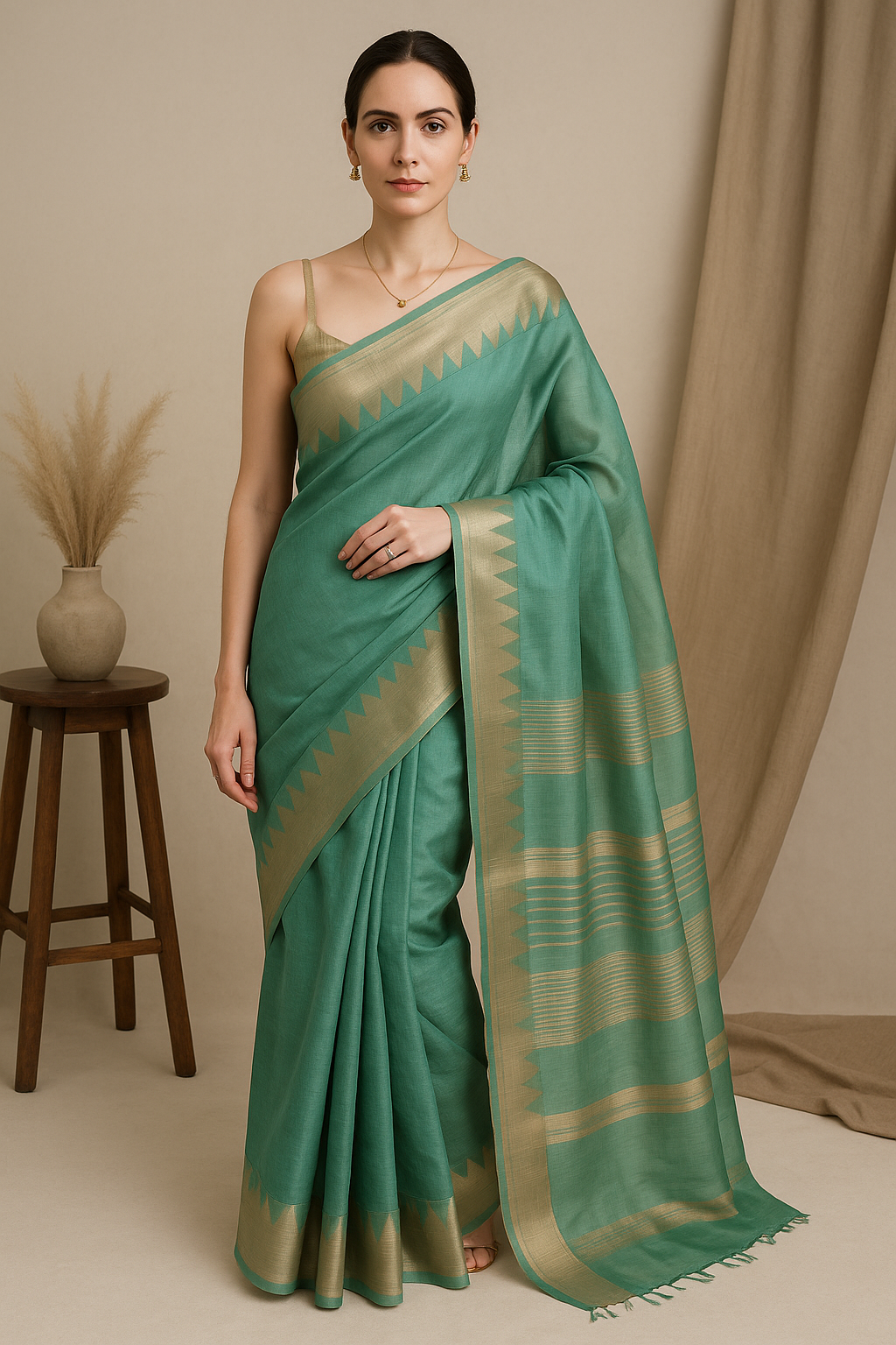 Sage Green Cotton Silk Saree with Golden Border