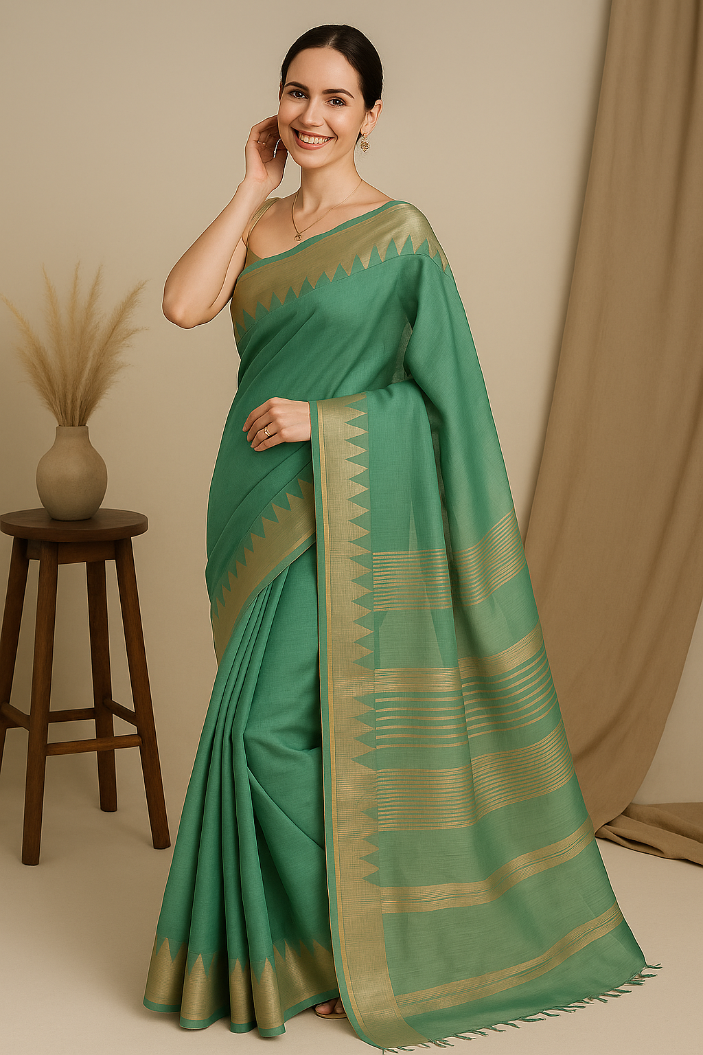 Sage Green Cotton Silk Saree with Golden Border