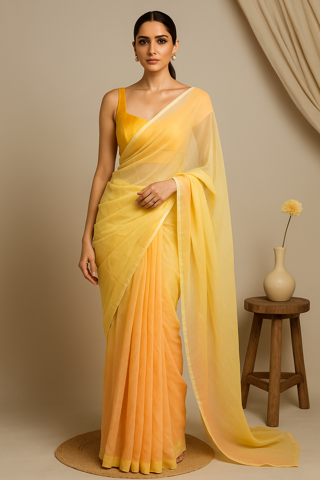 Yellow to Peach Ombre Georgette Saree