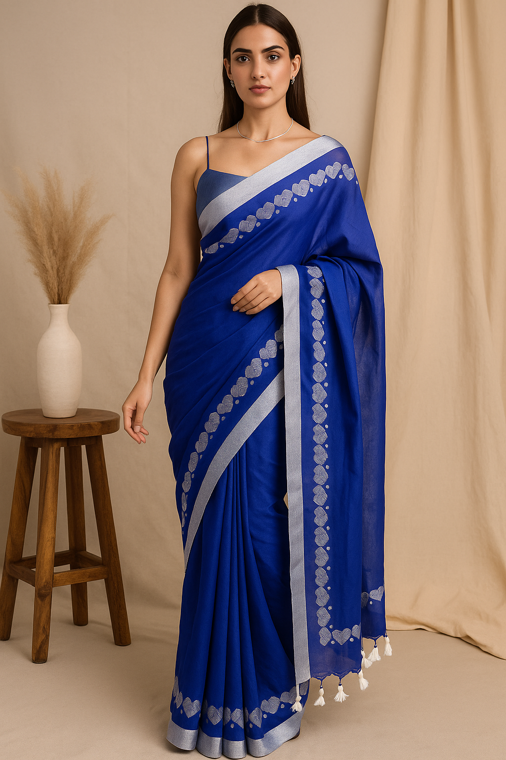 Elegant Royal Blue Saree with Silver Border Detailing