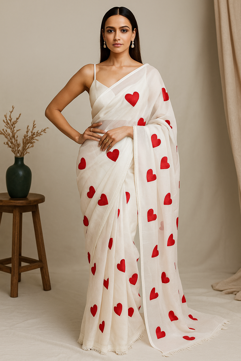 White georgette Saree with Red Heart Embroidery