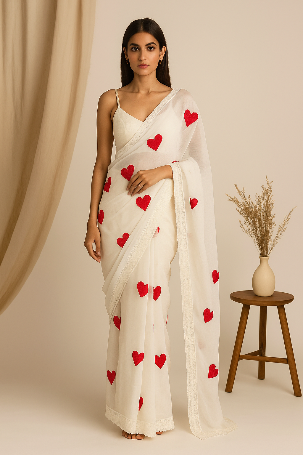 White georgette Saree with Red Heart Embroidery