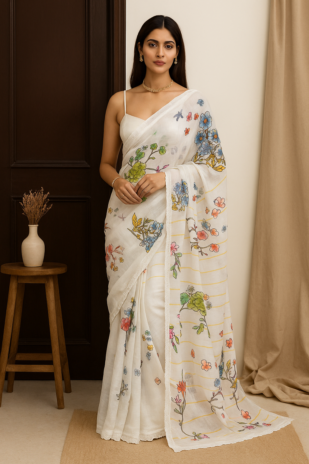 Elegant Hand-Painted Floral Linen Saree – White