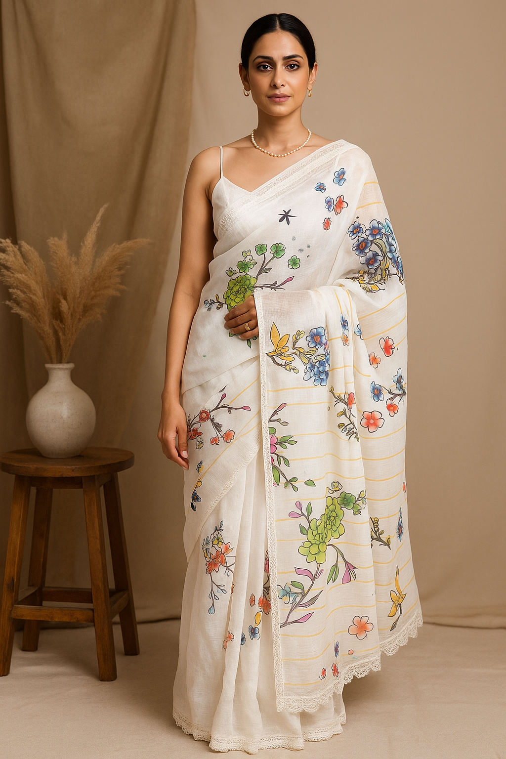 Elegant Hand-Painted Floral Linen Saree – White