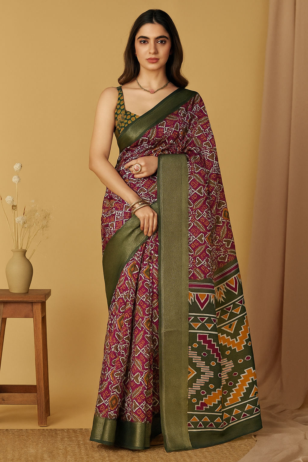 Elegant Patola Print Saree with Rich Green Border