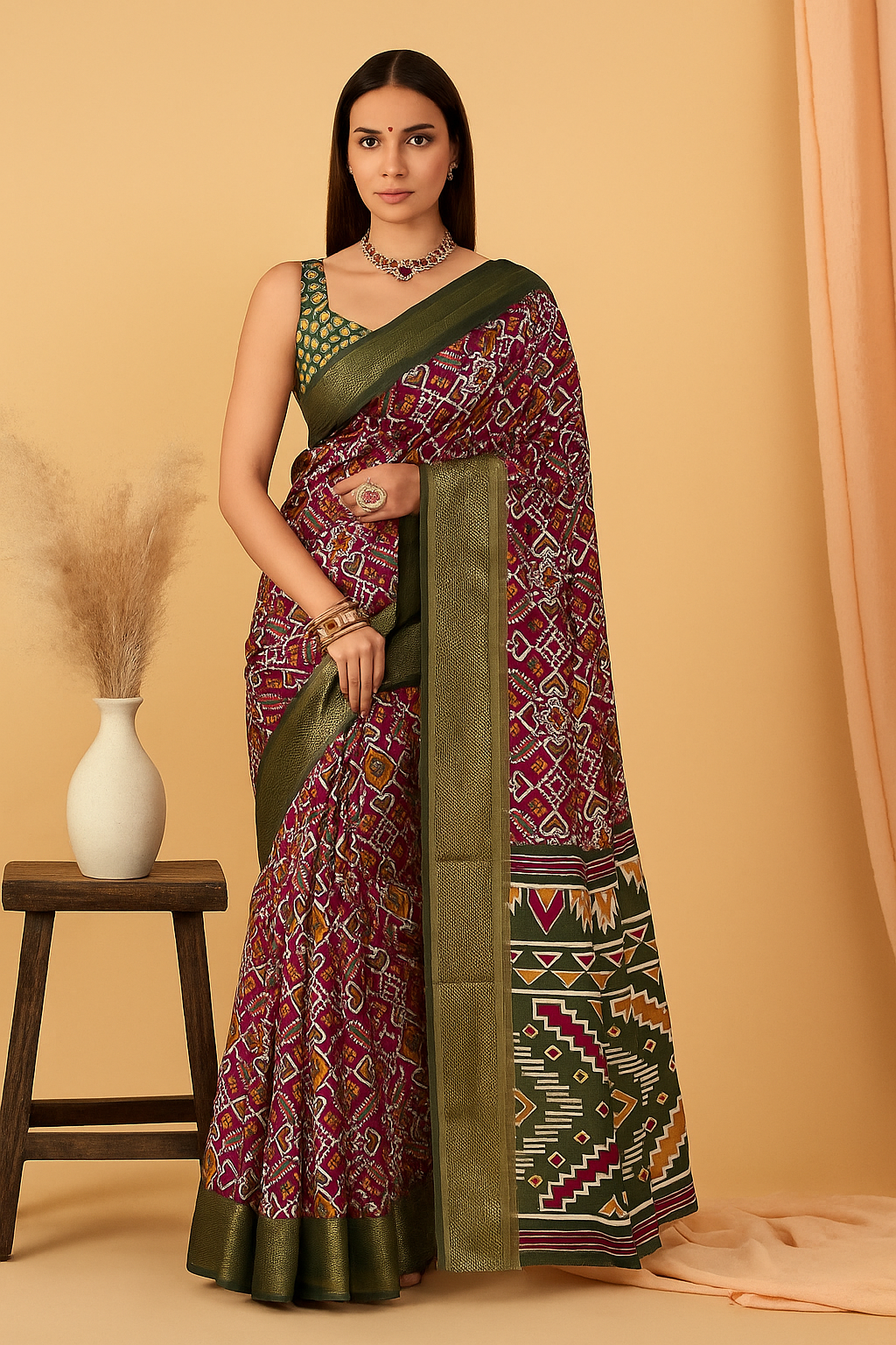 Elegant Patola Print Saree with Rich Green Border