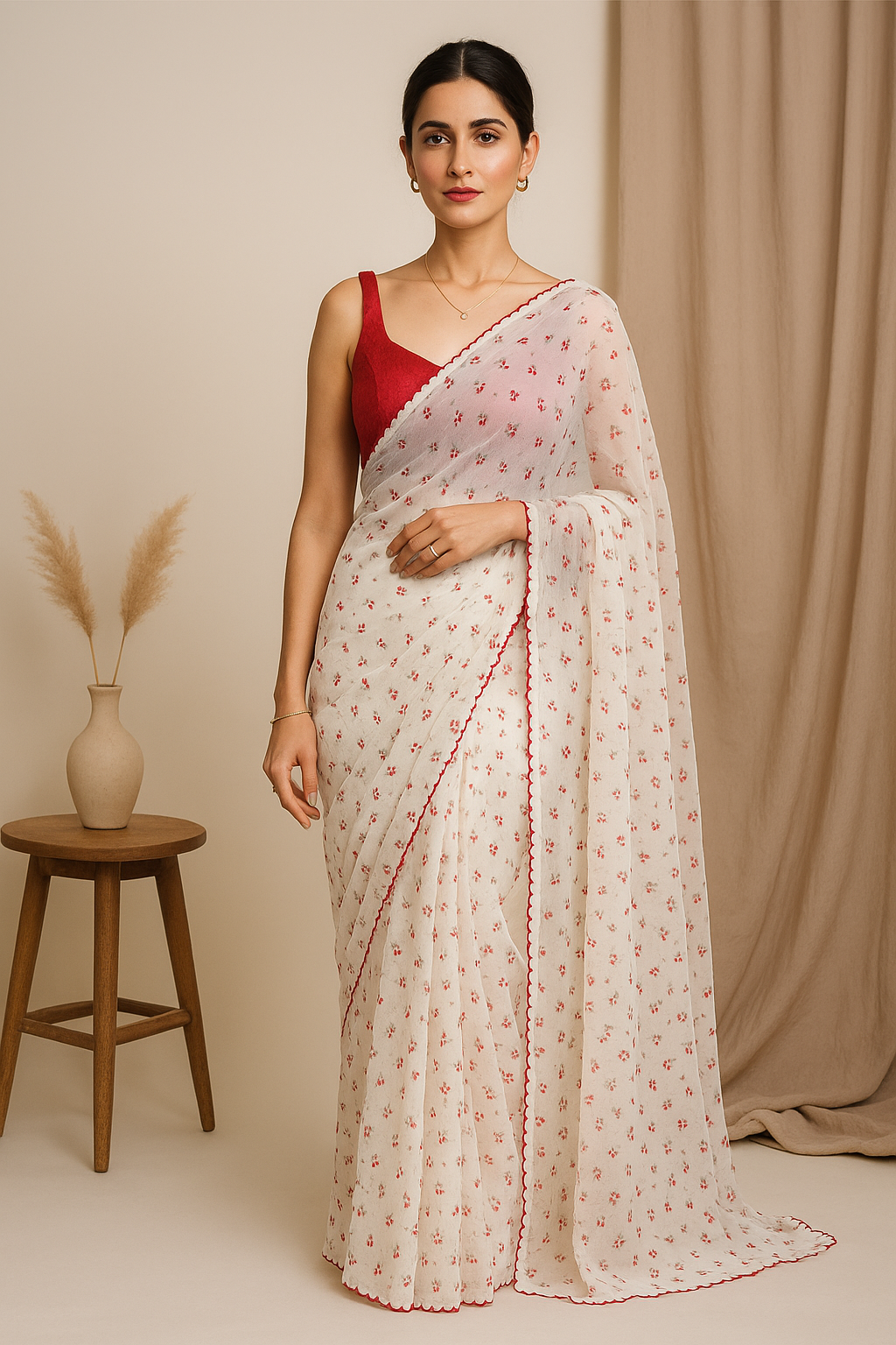 Soft White Saree with Tiny Red Floral Print