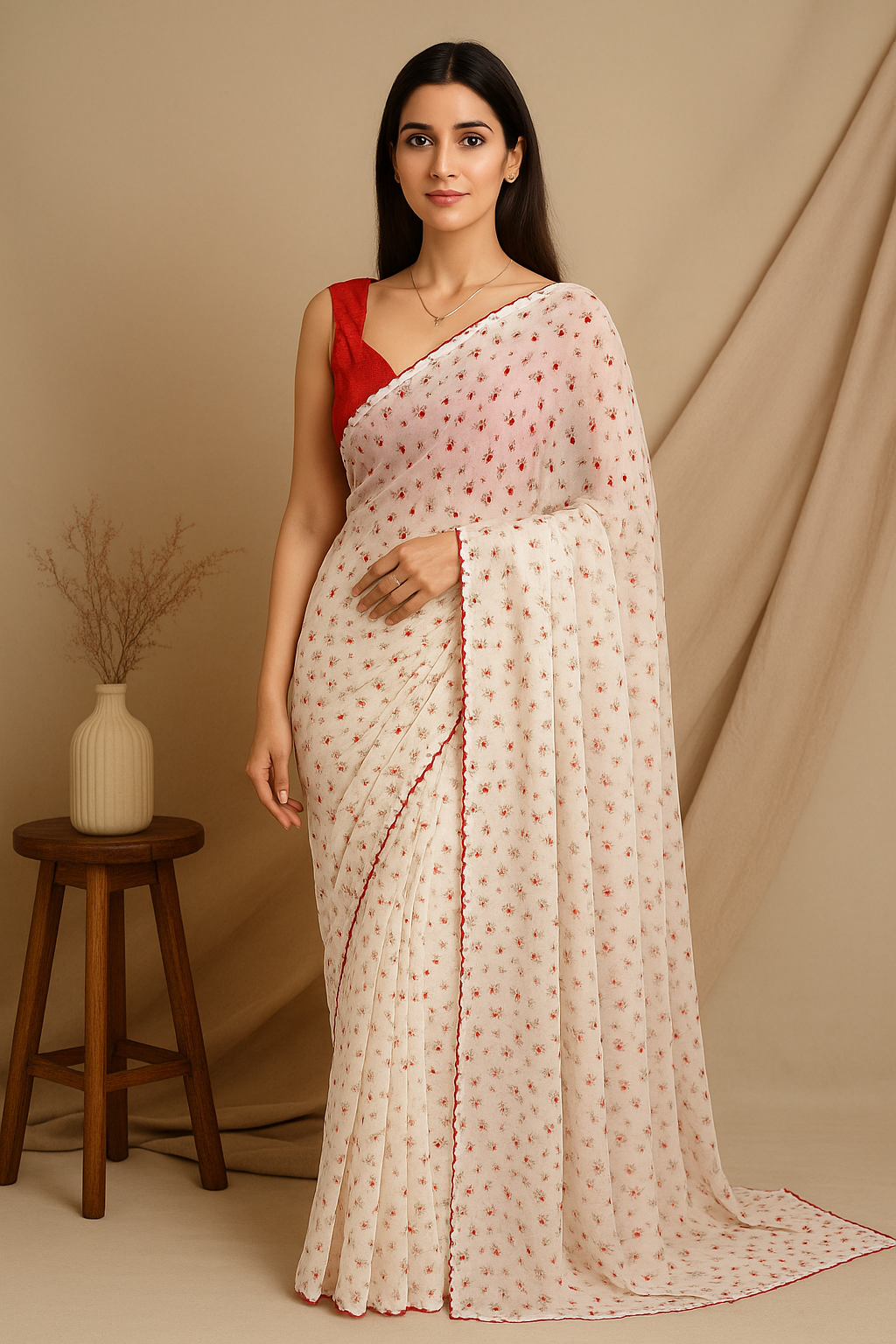 Soft White Saree with Tiny Red Floral Print