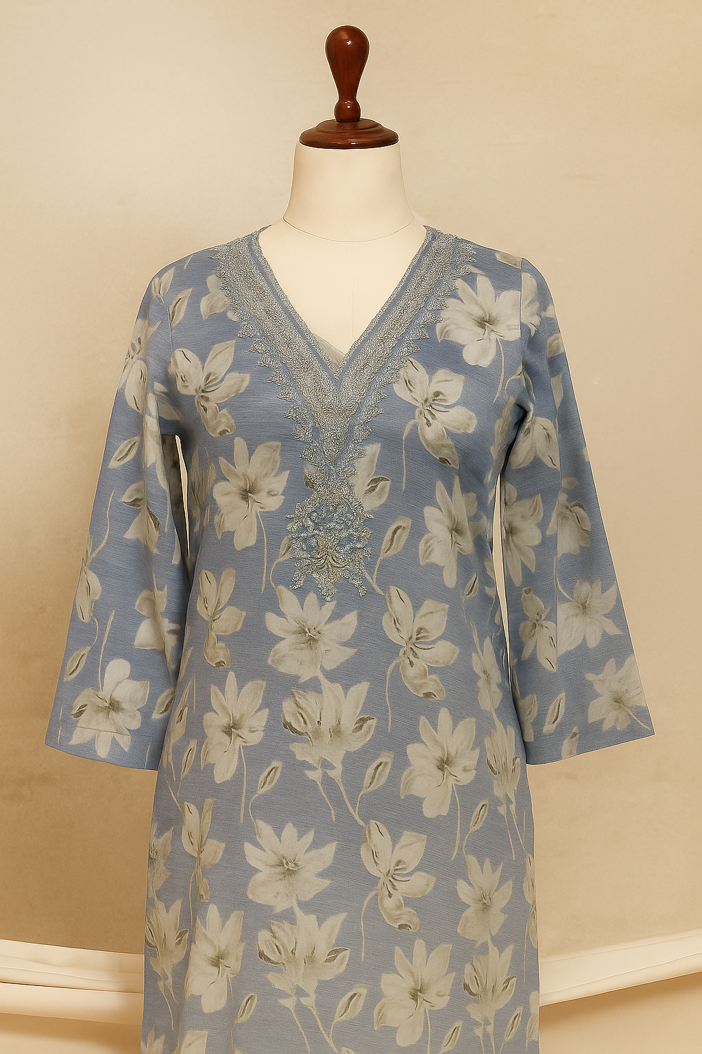 Elegant Blue Floral Embroidered Suit