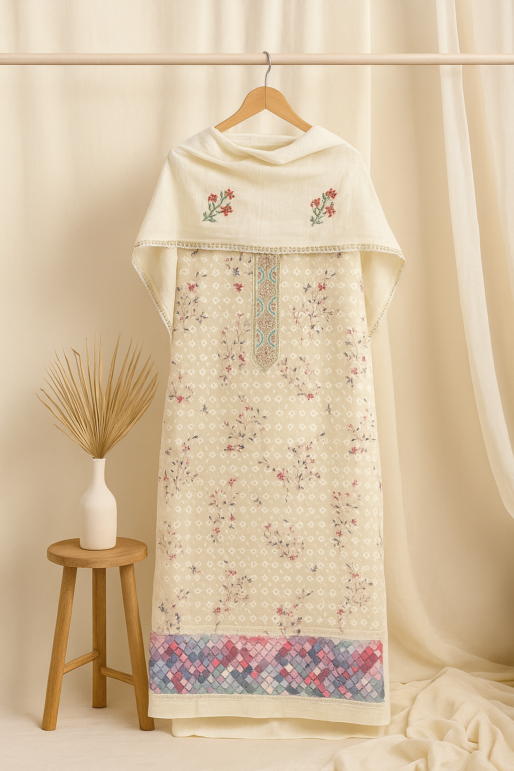 Printed cream kurta with embroidered neckline