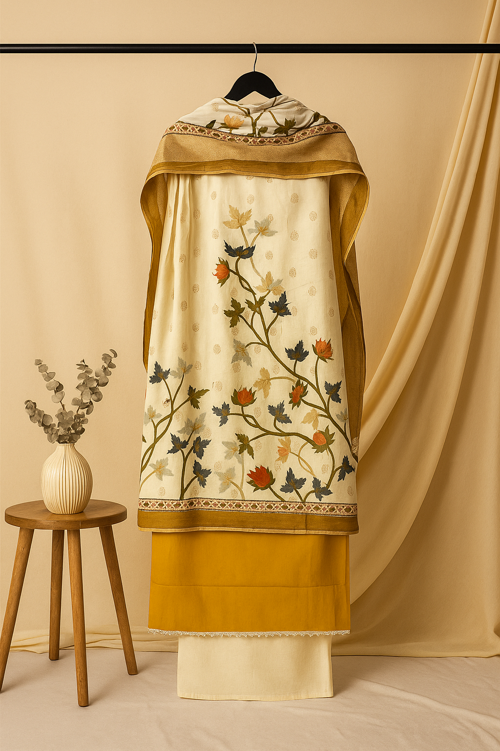 Printed cream kurta with floral design
