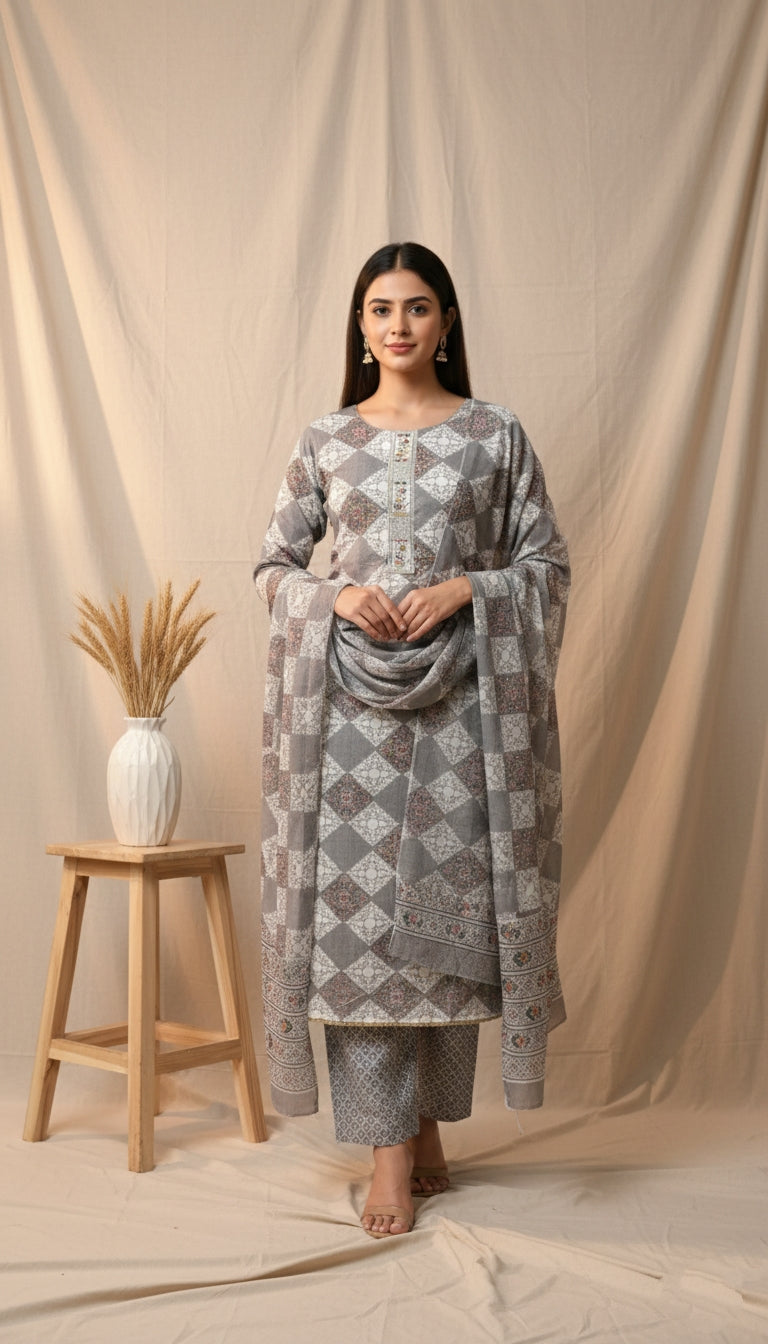 Grey Embroidered Unstitched Suit Set