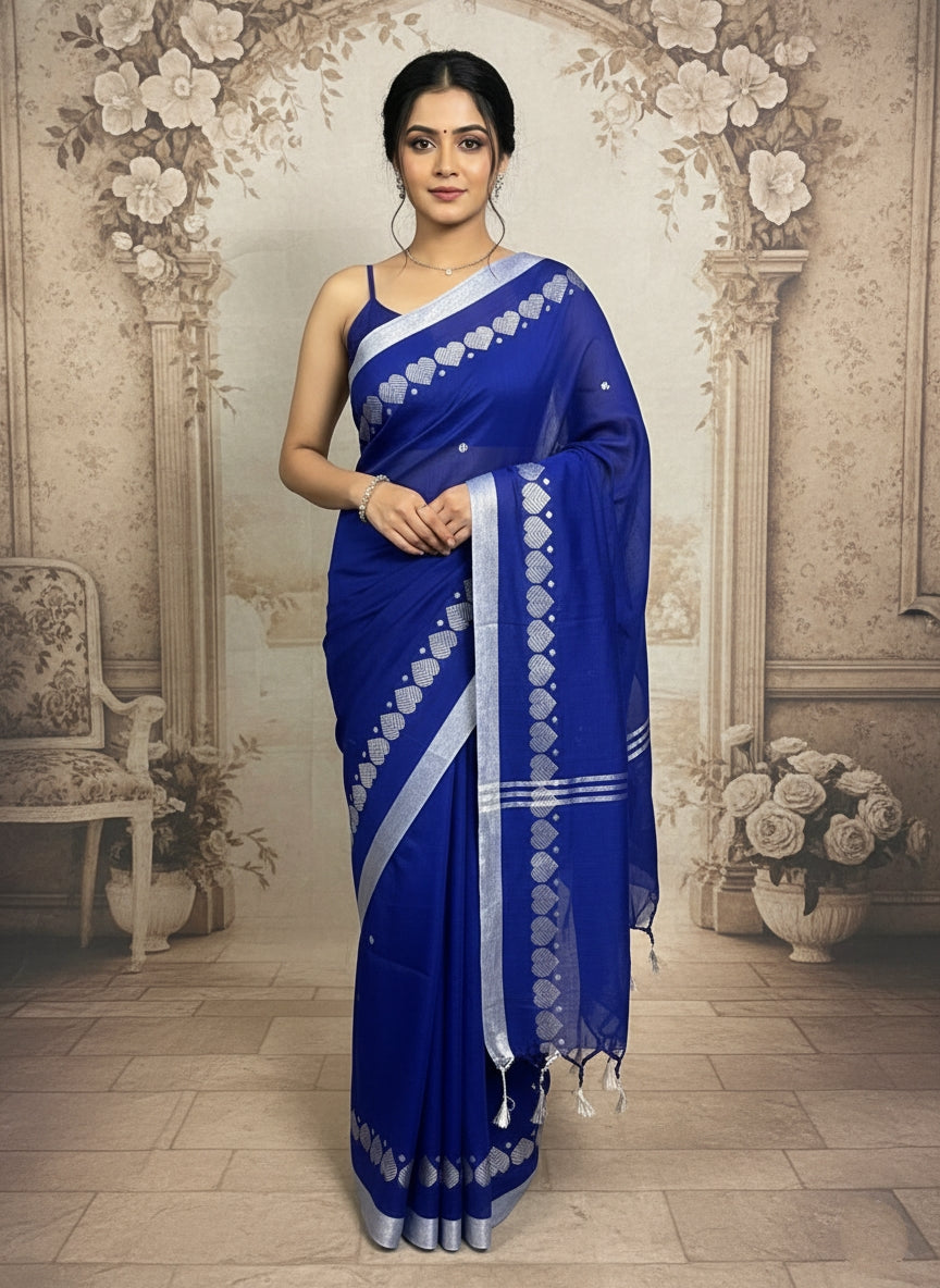 Elegant Royal Blue Saree with Silver Border Detailing