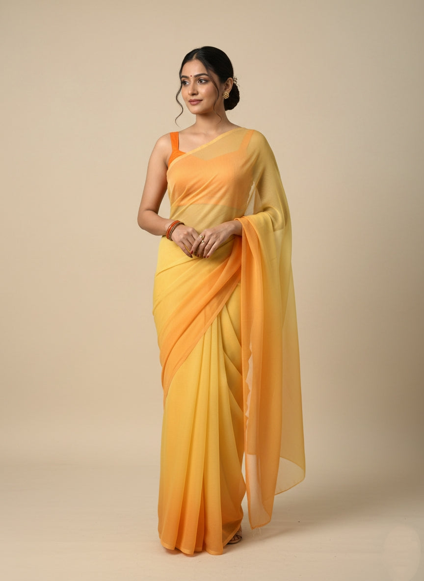Yellow to Peach Ombre Georgette Saree