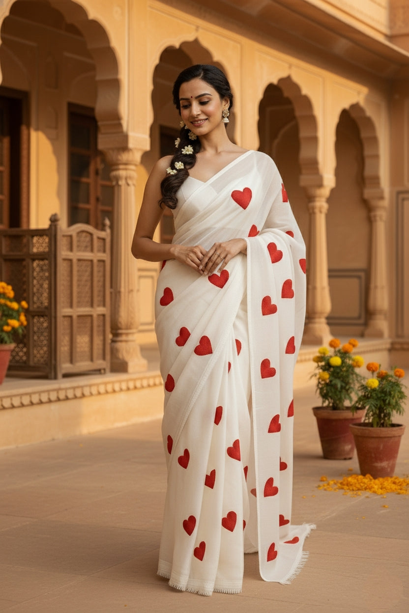 White georgette Saree with Red Heart Embroidery