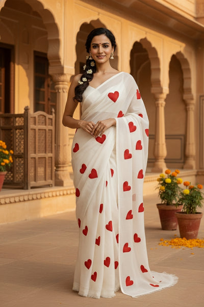 White georgette Saree with Red Heart Embroidery