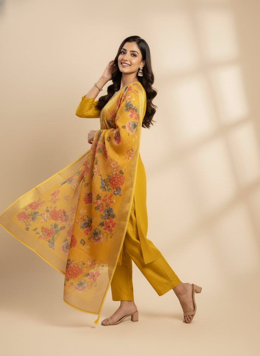 Mustard Yellow Embroidered Suit with Floral Dupatta