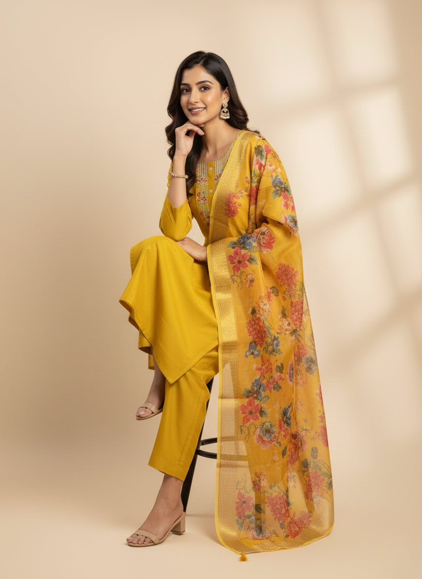 Mustard Yellow Embroidered Suit with Floral Dupatta