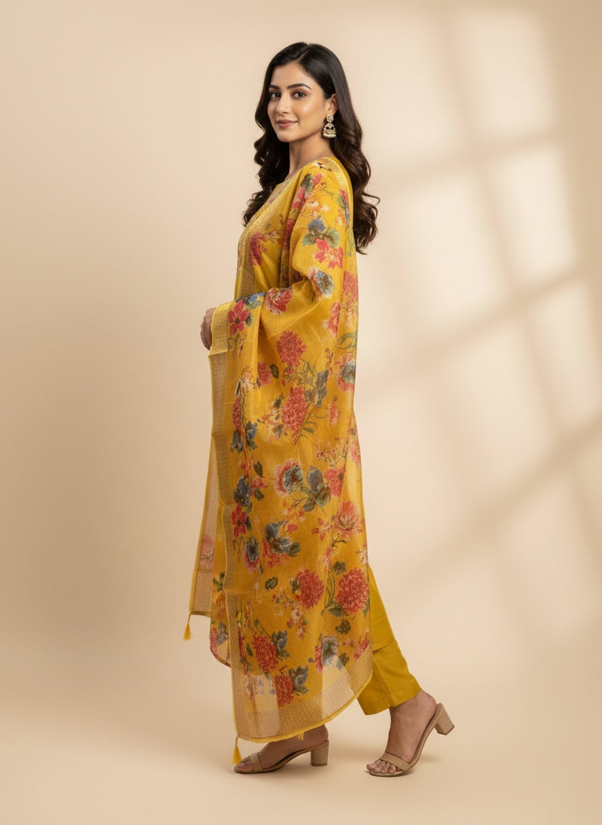 Mustard Yellow Embroidered Suit with Floral Dupatta