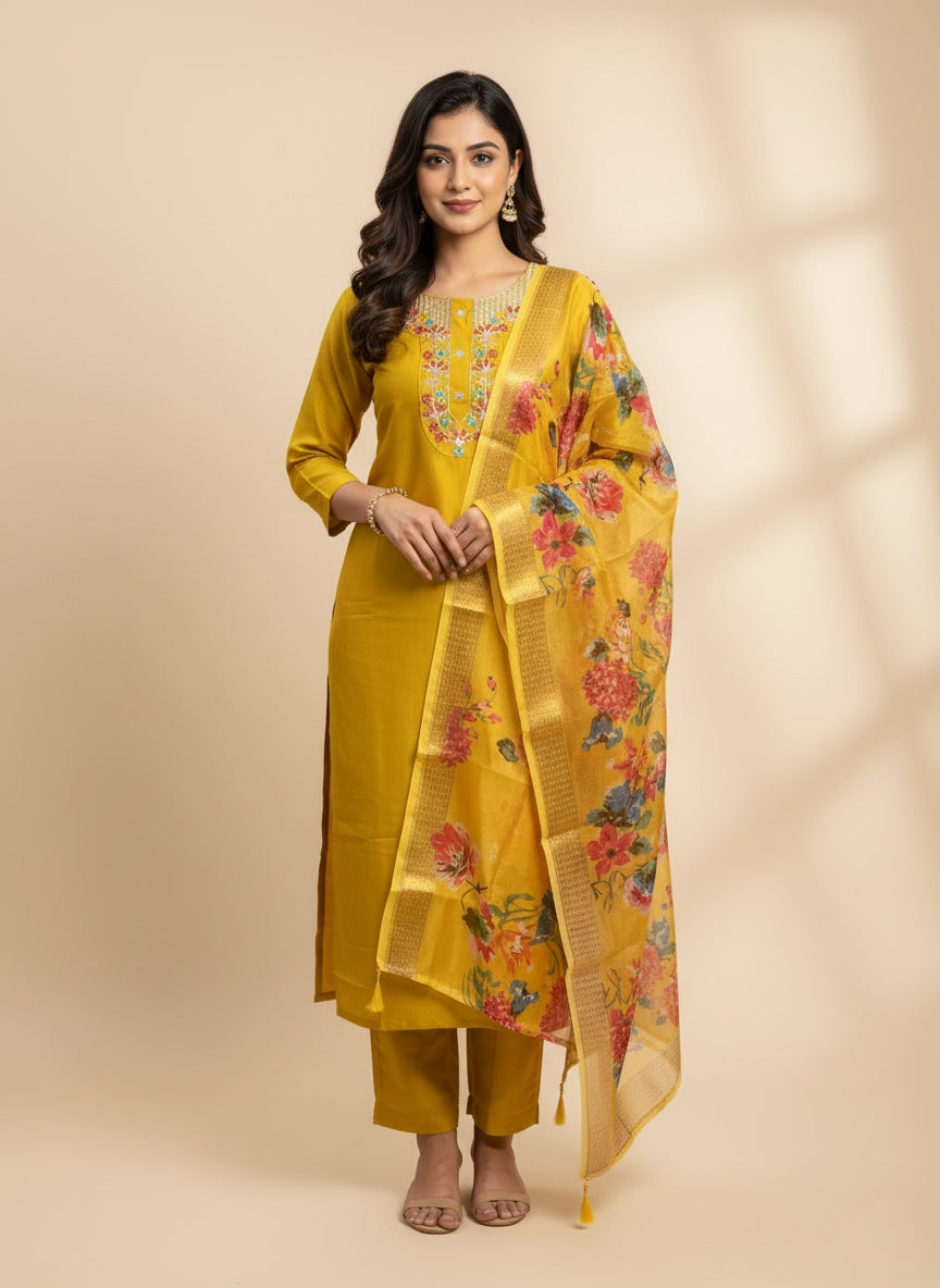 Mustard Yellow Embroidered Suit with Floral Dupatta