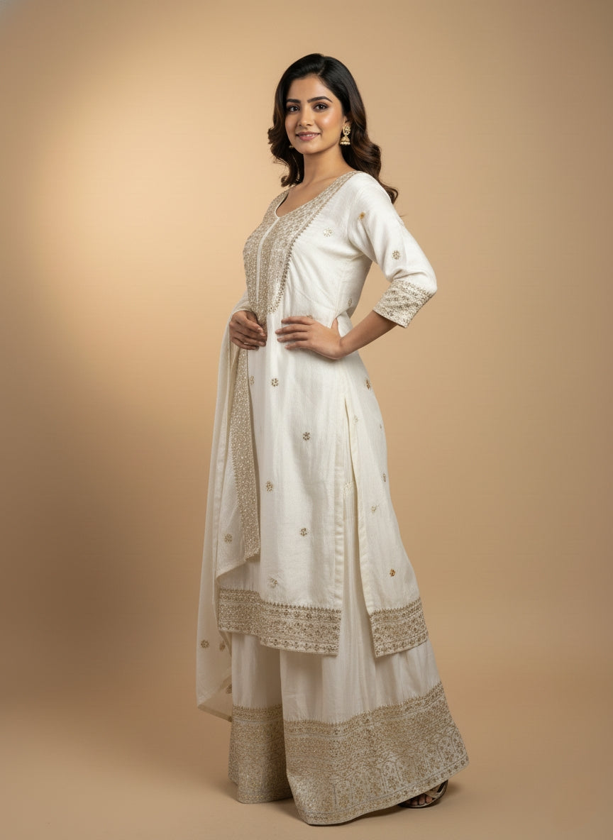 Elegant White Embroidered Sharara Suit