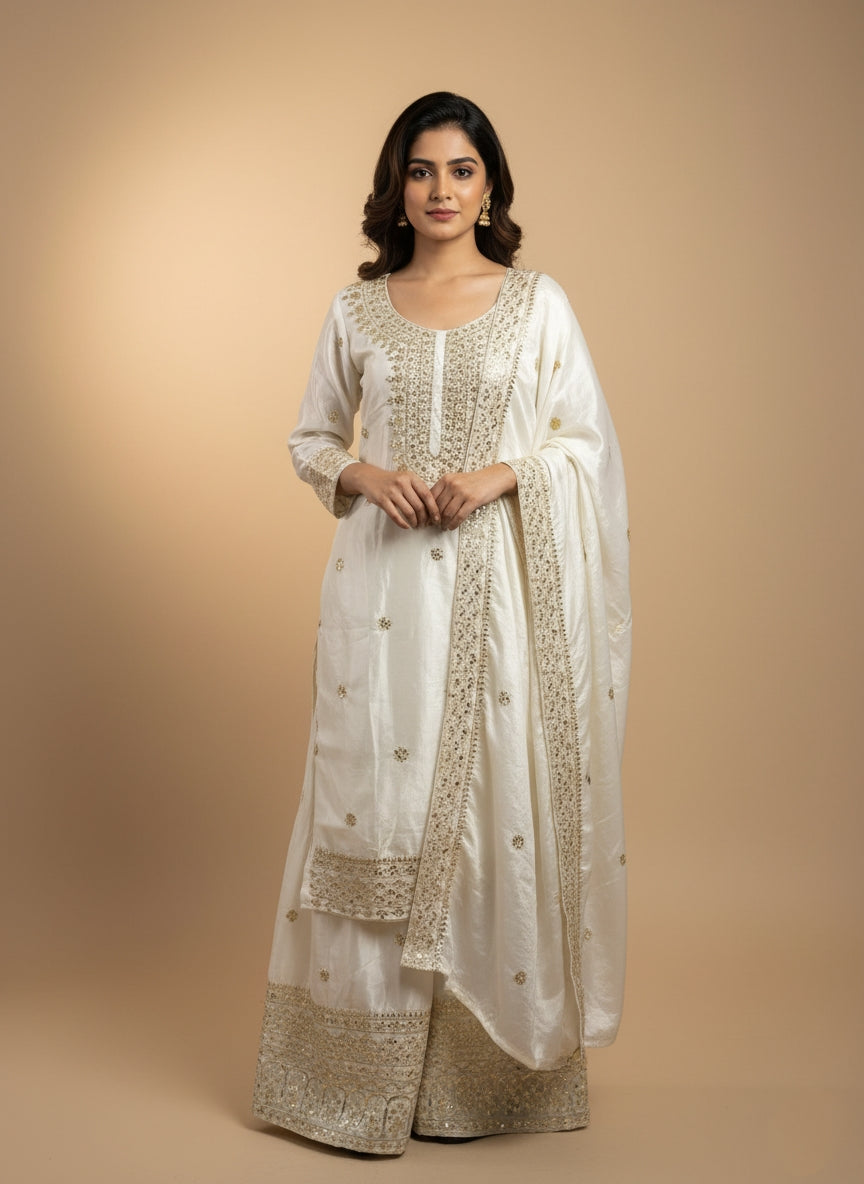 Elegant White Embroidered Sharara Suit