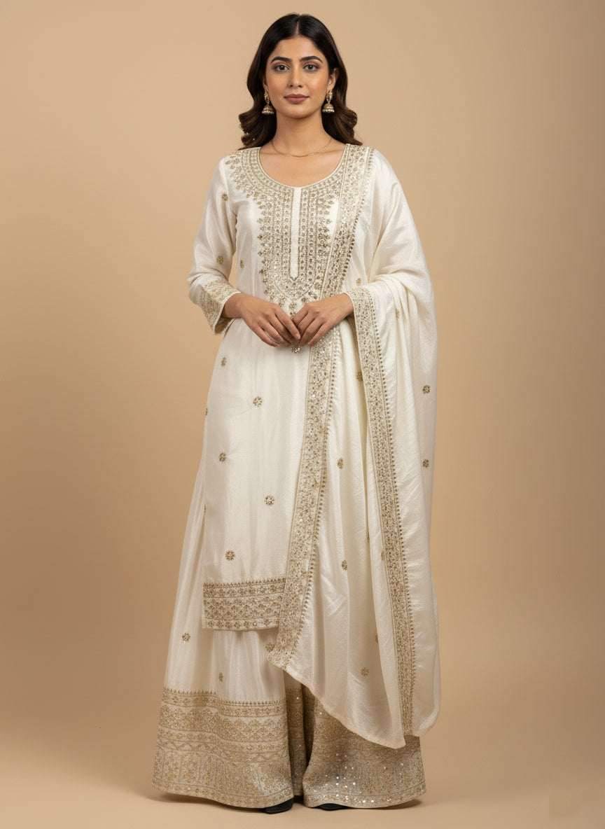 Elegant White Embroidered Sharara Suit