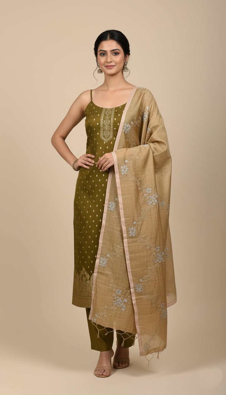 Olive Green Embroidered Unstitched Suit Set