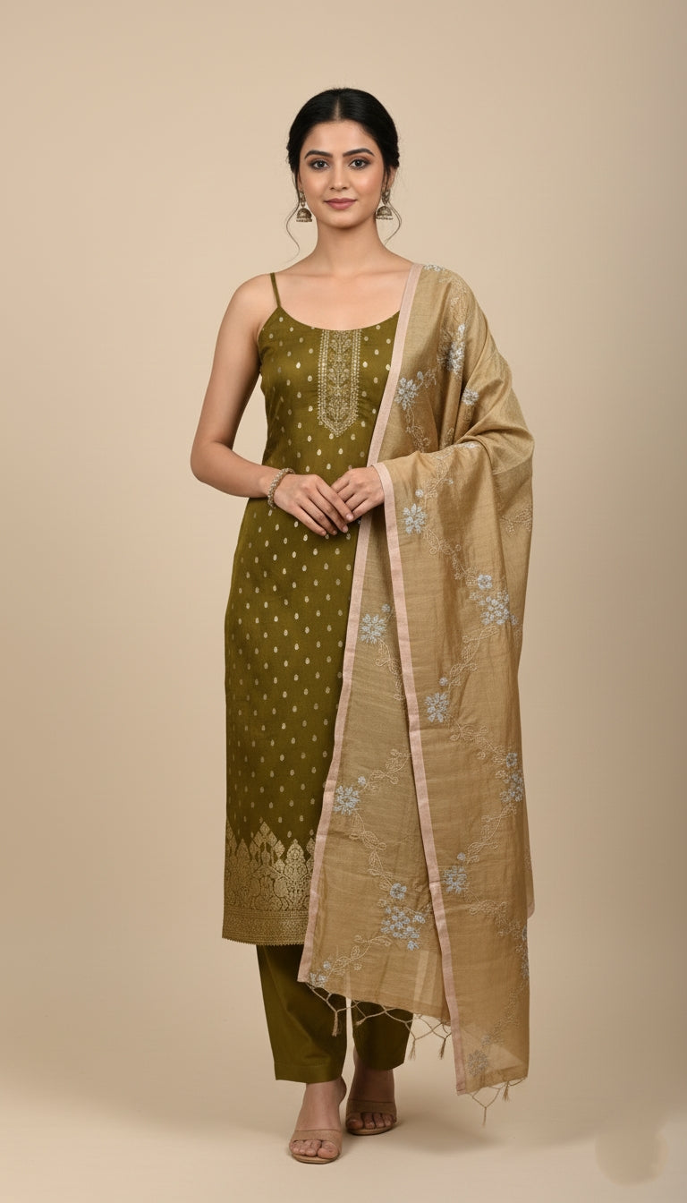 Olive Green Embroidered Unstitched Suit Set