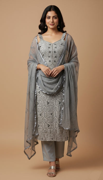 Grey Embroidered Unstitched Suit Set