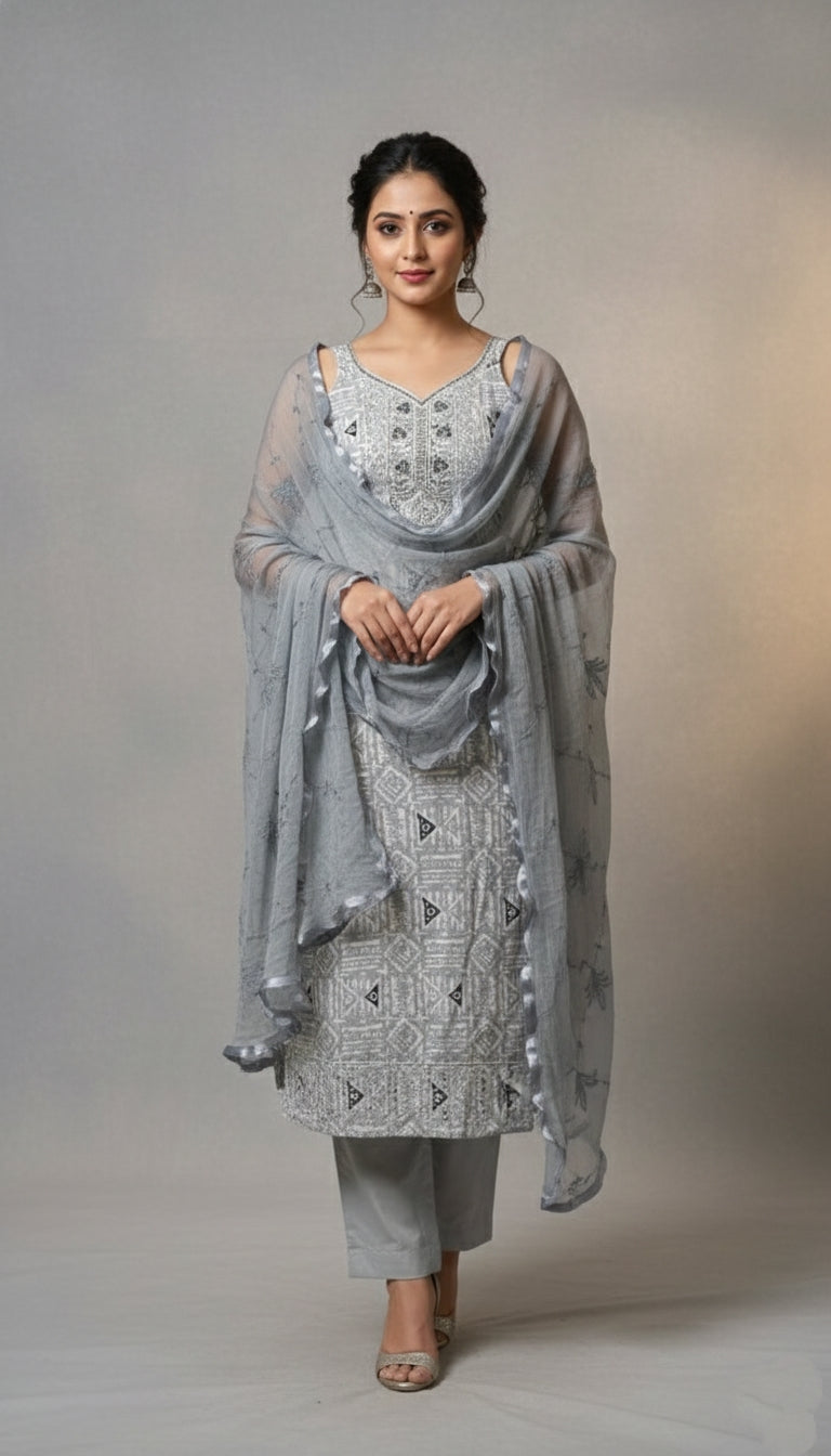 Grey Embroidered Unstitched Suit Set
