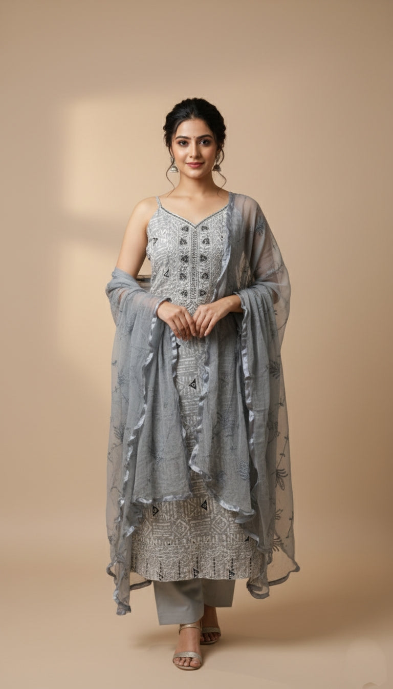 Grey Embroidered Unstitched Suit Set